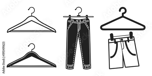 Three different types of hangers with various clothing items on display. Vector