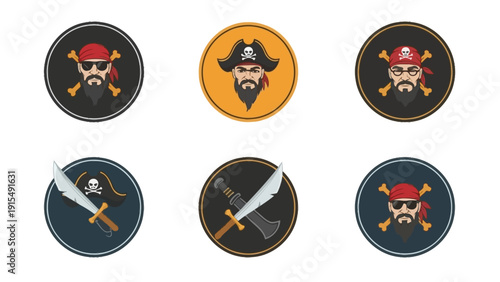 Pirate Icons Set: Characters, Flag, Cannon, Swords - Circular Emblems