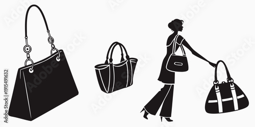 Elegant woman with stylish handbags and a small dog in a chic setting Vector
