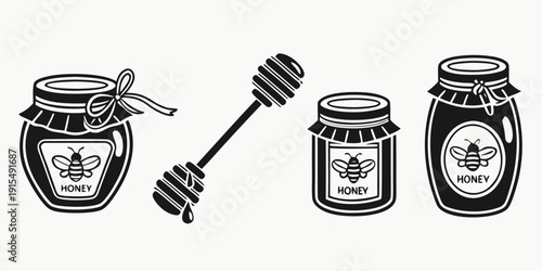 Assorted jars of honey with honey dippers and honeycomb on a wooden table Vector