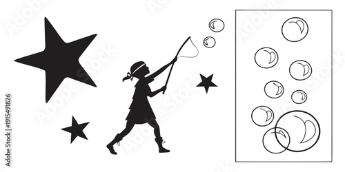 A person is catching bubbles with a net on a starry night Vector