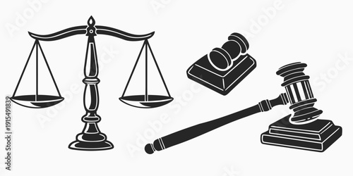 A depiction of legal symbols including a scale, a book, and a gavel. Vector