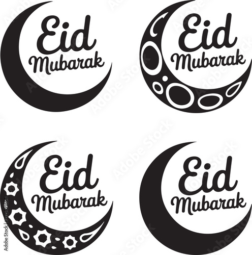 Eid Mubarak celebration elements including mosque lanterns crescent moon and praying man silhouettes isolated on transparent background silhouette