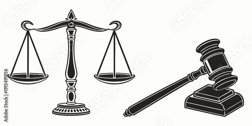 A gavel and scales of justice symbolizing the legal system and judicial process. Vector