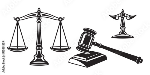 A gavel, scales of justice, and a judge's hammer symbolizing the legal system and judicial process. Vector