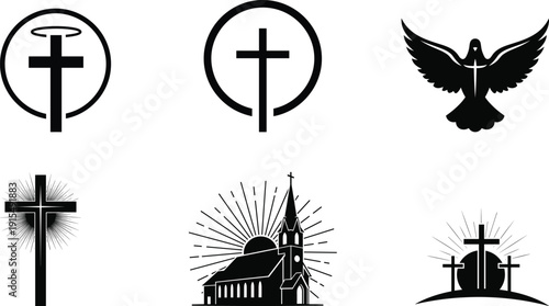 Christian symbols and silhouette of church buildings with crosses silhouette