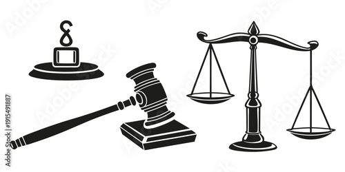A gavel, a scale, and a judge's gavel resting on a table. Vector