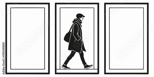 A person walking down the street with a backpack and a hat. Vector