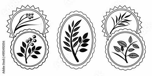 Three ornate badges featuring stylized floral designs and intricate borders Vector