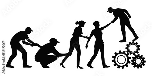 People working together to lift a large gear in a collaborative effort Vector