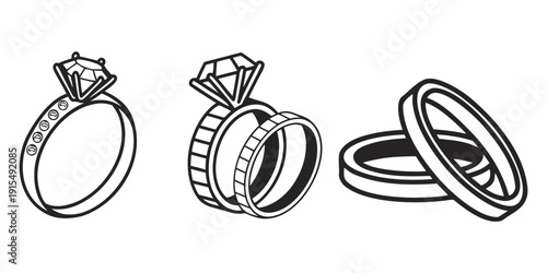 A trio of elegant rings, each with unique designs and sparkling gemstones. Vector