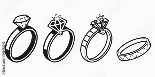 Four distinct rings displayed in a row, showcasing different designs and styles. Vector