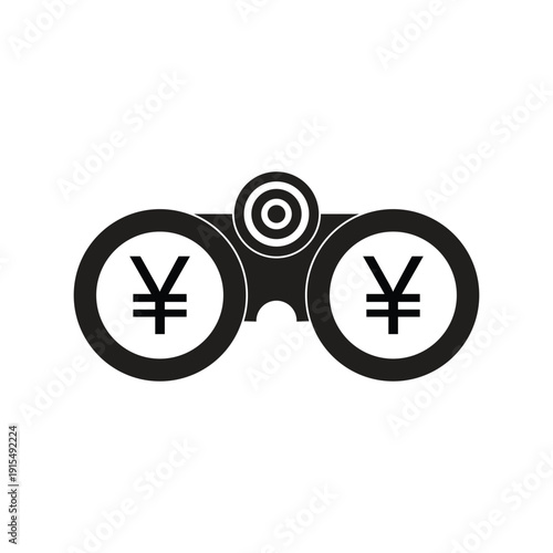 Black binoculars icon with yen currency symbols for asian market analysis and international investment research