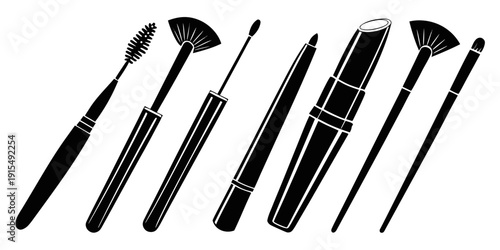 Assorted makeup brushes displayed in a row against a white background Vector