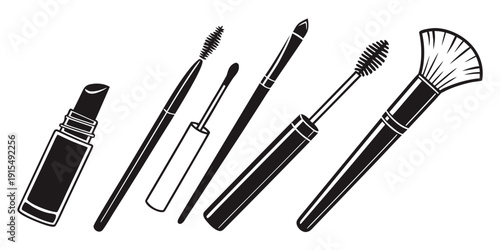 A variety of makeup brushes and a phone placed on a white background. Vector