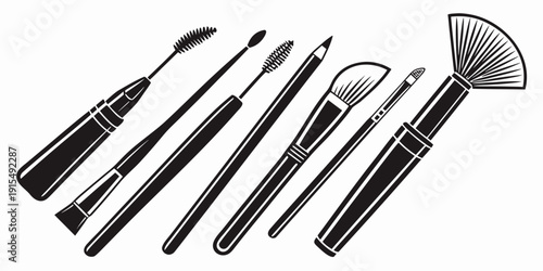 A variety of makeup brushes and tools displayed on a white background Vector