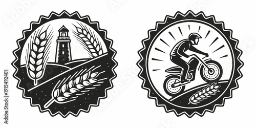Two vintage badges featuring a sailboat and a bicycle with intricate designs and text. Vector
