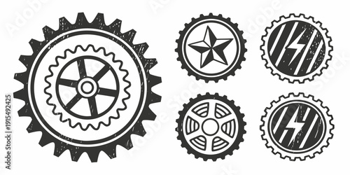 A collection of vintage mechanical gears and cogs in various sizes and designs. Vector