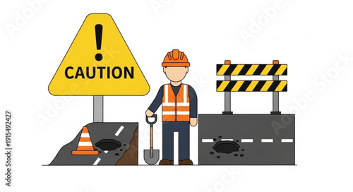 Construction Worker with Caution Sign.