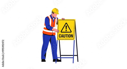 Construction Worker with Caution Sign.