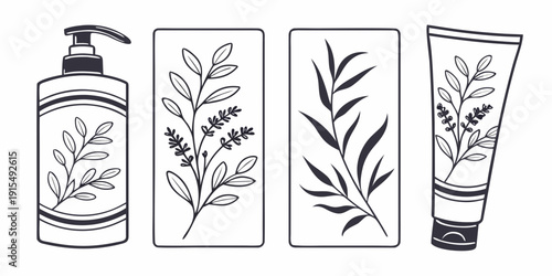 A variety of natural and organic skincare products in minimalist packaging. Vector