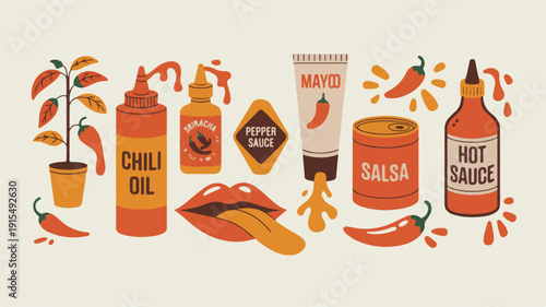 Collection Of Hot Sauce And Condiment Illustrations Keywords: hot sauce, chili oil, sriracha, salsa, mayonnaise, pepper sauce