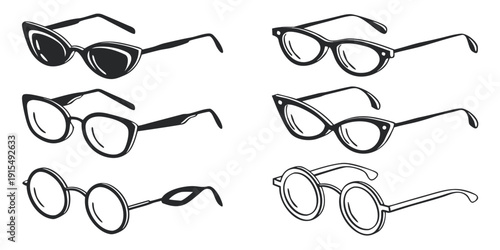A diverse collection of eyeglasses showcasing various styles and designs Vector