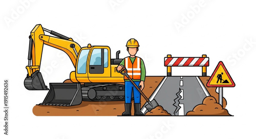 Construction Worker with Excavator Machine.