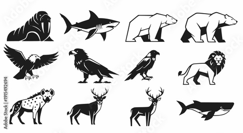 Black and White Predator Animal Silhouette Icon Set – Walrus, Shark, Polar Bear, Eagle, Lion, Hyena, Deer, Whale Vector Collection