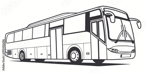 A detailed line drawing of a large, modern, multi-windowed tour bus with a luggage compartment. Vector