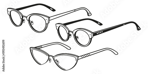 Assorted styles of eyeglasses displayed in a row Vector