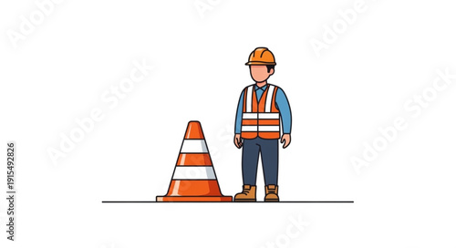 Construction Worker Standing Near Traffic Cone.