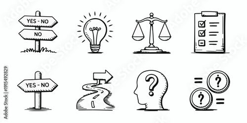Decision Making and Problem Solving Doodle Icons Set choice solution