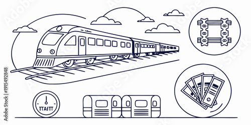 A futuristic train with various amenities and features depicted in a creative illustration. Vector