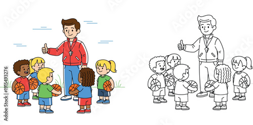 Basketball Coach Training Diverse Group of Children Kids Playing Sports Outdoor Illustration and Coloring Page Outline for Education and Physical Activity