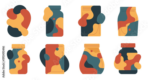 Colorful abstract design on various supplement packaging.