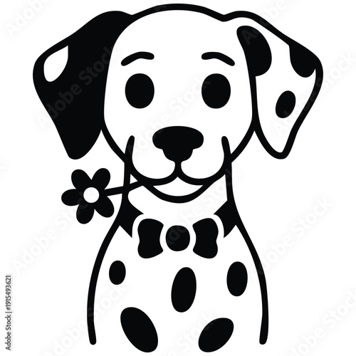 Spotted puppy with black bow and floral decorations vector illustration