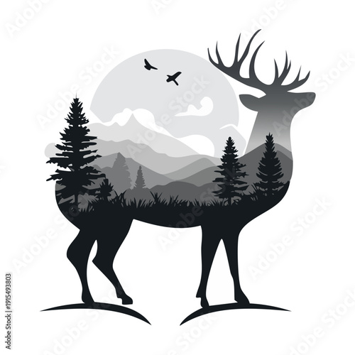 Majestic Deer Silhouette Double Exposure With Mountain Landscape and Pine Trees