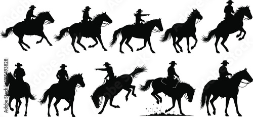 Cowboy and Horse Rider Silhouette Collection Featuring Rodeo Poses Wild West Equestrian Sports and Western Culture Vector Illustration for Design