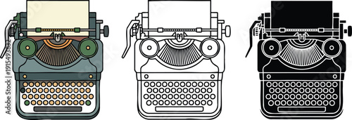 Vintage typewriter silhouette & Outline and illustration set isolated on transparent background