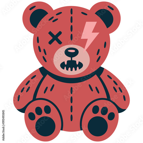 Spooky red teddy bear with sharp teeth for horror Halloween style vector illustration
