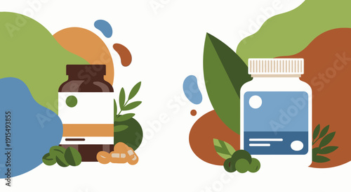 Colorful abstract design on various supplement packaging.