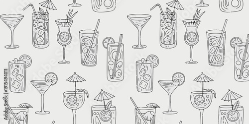 Hand Drawn Cocktail Glasses Pattern Outline Illustration drinks beverage