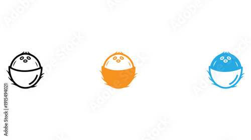 Three stylized cartoon eggs each with a different facial expression and color isolated on transparent background, Vector