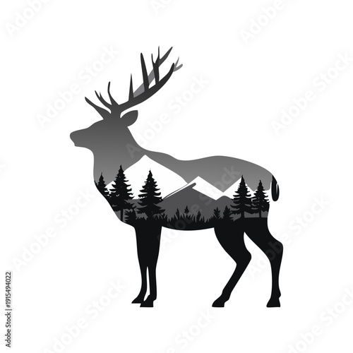 Intricate deer silhouette illustration showcasing a creative double exposure effect with a serene mountain range and forest landscape, evoking the spirit of wilderness and natural beauty