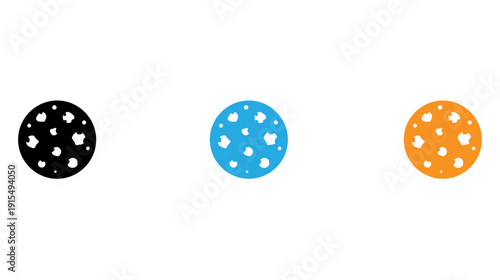Three spherical objects with distinct dot patterns in black, blue, and orange isolated on transparent background, Vector