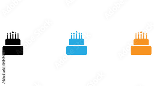 Three stylized birthday cakes with varying colors and candle designs isolated on transparent background, Vector