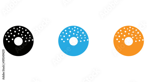 Three stylized doughnuts with different colored bases and sprinkles designs isolated on transparent background, Vector