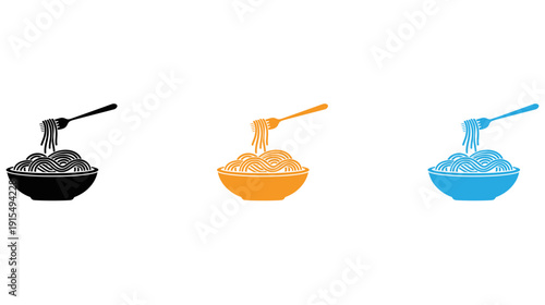 Three bowls of noodles with different colored broths and utensils isolated on transparent background, Vector