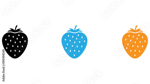 Three stylized strawberries in different colors displayed side by side isolated on transparent background, Vector